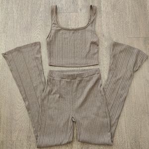 Iris Brown Ribbed Two Piece Tank Top & Pants Lounge Set Full Outfit